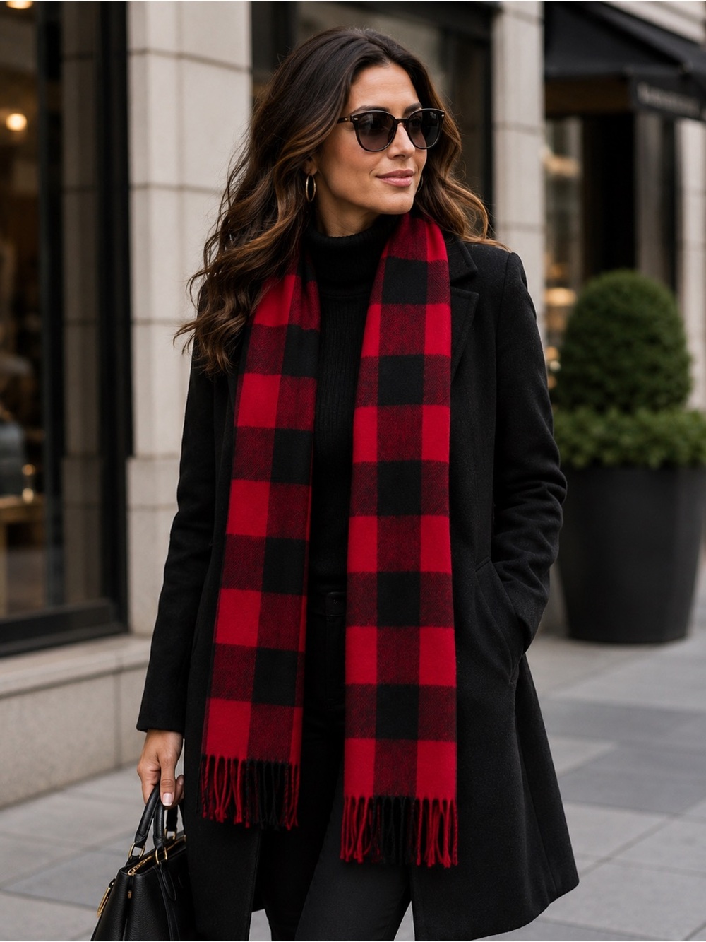 OLD NAVY UNISEX Red Black Buffalo Plaid Check Fringe Scarf NEW